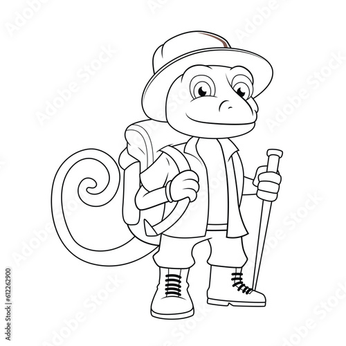 coloring book character of chameleon hiking traveling