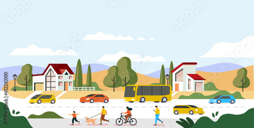 Town Landscape with facades of buildings. Cottage houses with people walking