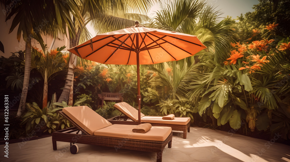 Beautiful tropical, two sun beds, umbrella under palm tree. Beach resort hotel. Summer vacation