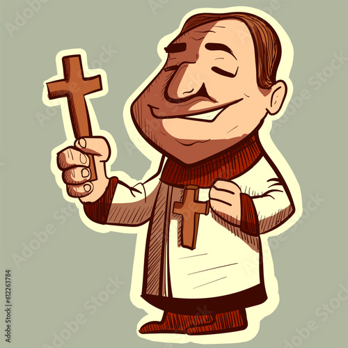 Digital illustration of a catholic priest holding a crucifix in his hand. Vector of an exorcist or pastor, cartoon character.