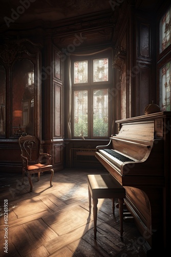 illustration, piano in the living room, generative ai