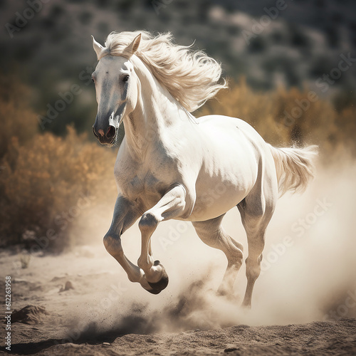 A white horse is running on the sand. Dust scattered. © Chayan