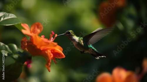 Hummingbird flying and aiming on a flower nectar © StockSavant
