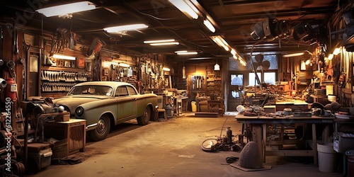 AI Generated. AI Generative. Mechanic auto car garage carpentry tool old retro vintage tools. Graphic Art photo