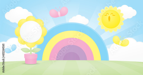 cute kawaii rainbow backdrop with flower and happy sun on green ground graphic illustration vector scene for putting object