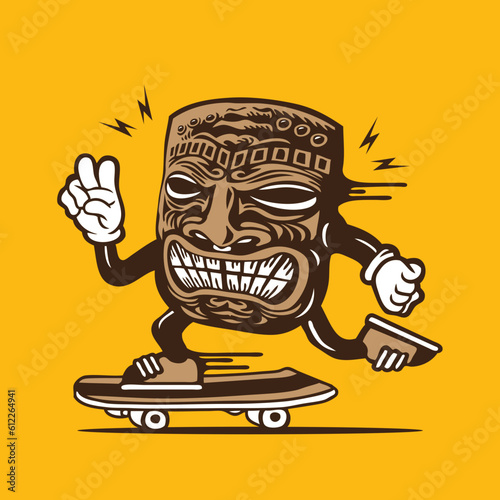 Aloha Hawaii Tiki Mask Skater Mascot Vector Character Design