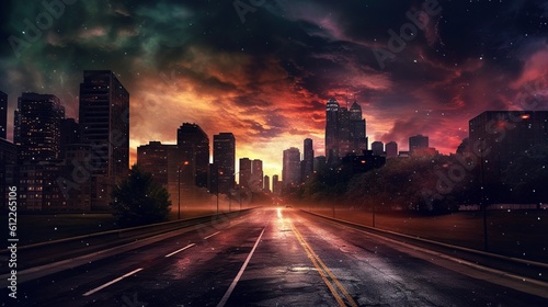 illustration, road leading to the city at night, , ai generative