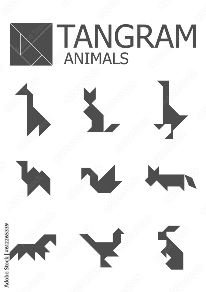Tangram children brain game cutting transformation puzzle vector set. Set of vector tangram puzzles (geometric puzzle) for the development of logical thinking of children and adults. 