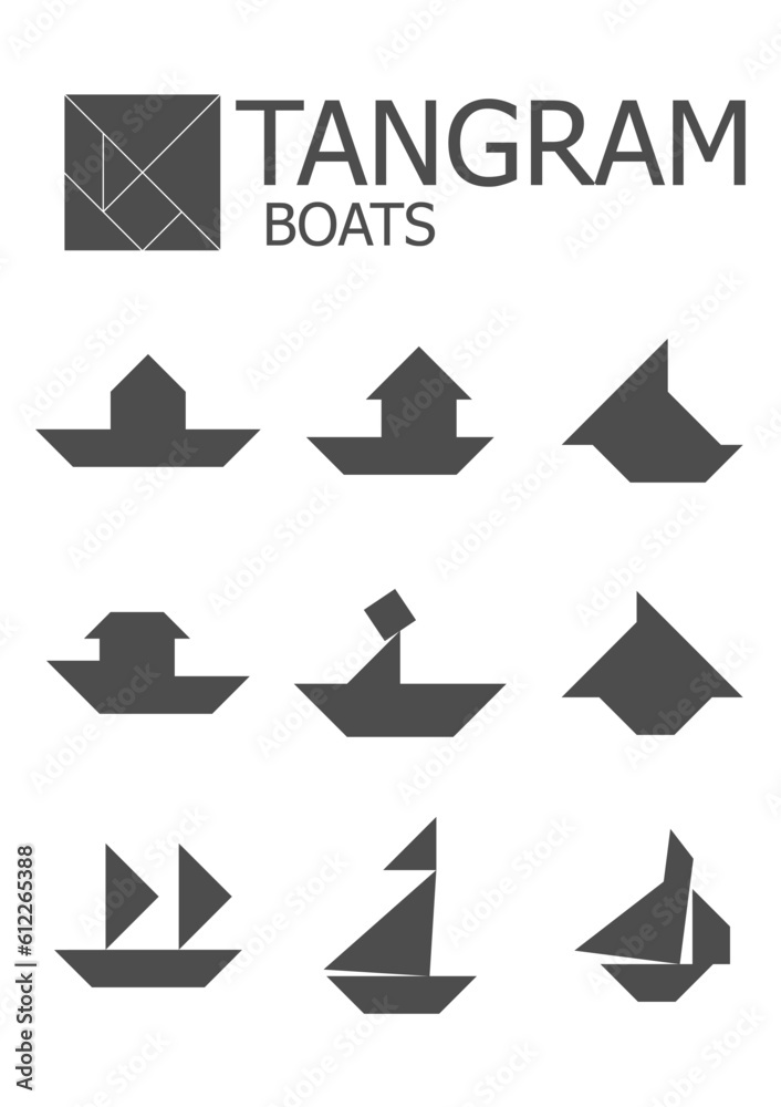 Tangram children brain game cutting transformation puzzle vector set. Set of vector tangram puzzles (geometric puzzle) for the development of logical thinking of children and adults. Tangram children brain game cutting transformation puzzle vector set. Set of vector tangram puzzles (geometric puzzle) for the development of logical thinking of children and adults.