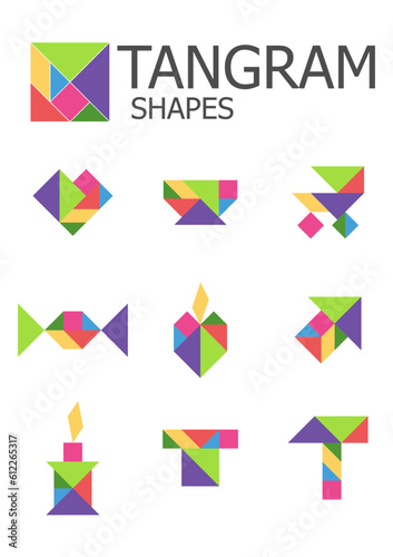 Educational logica kids game. Tangram. Puzzle. Printable worksheet for kids brain teaser book. Development of children spatial thinking skills. Vector illustration.