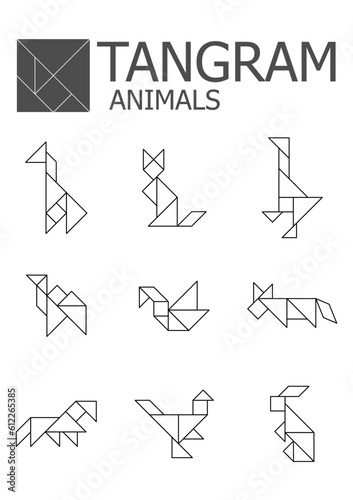 Animals Set tangram Linear illustration on a white background. isolated icons. Tangram children brain game cutting transformation puzzle vector set.