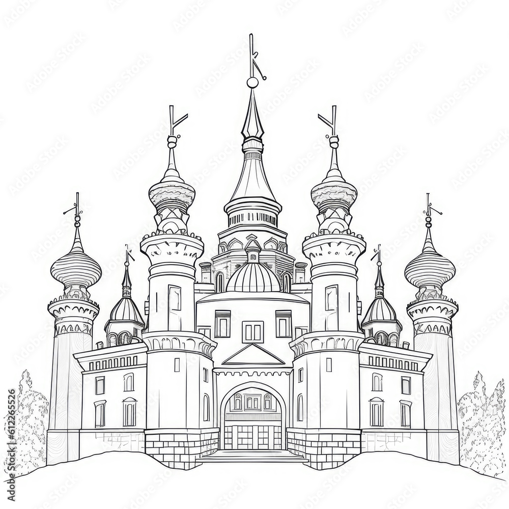 Russian style castle outline, isolated on white background, children's coloring page