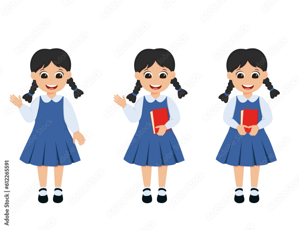smiling girl / schoolgirl with dark hair in a blue dress with a book in her hand smiling girl / schoolgirl with dark hair in a blue dress with a book in her hand