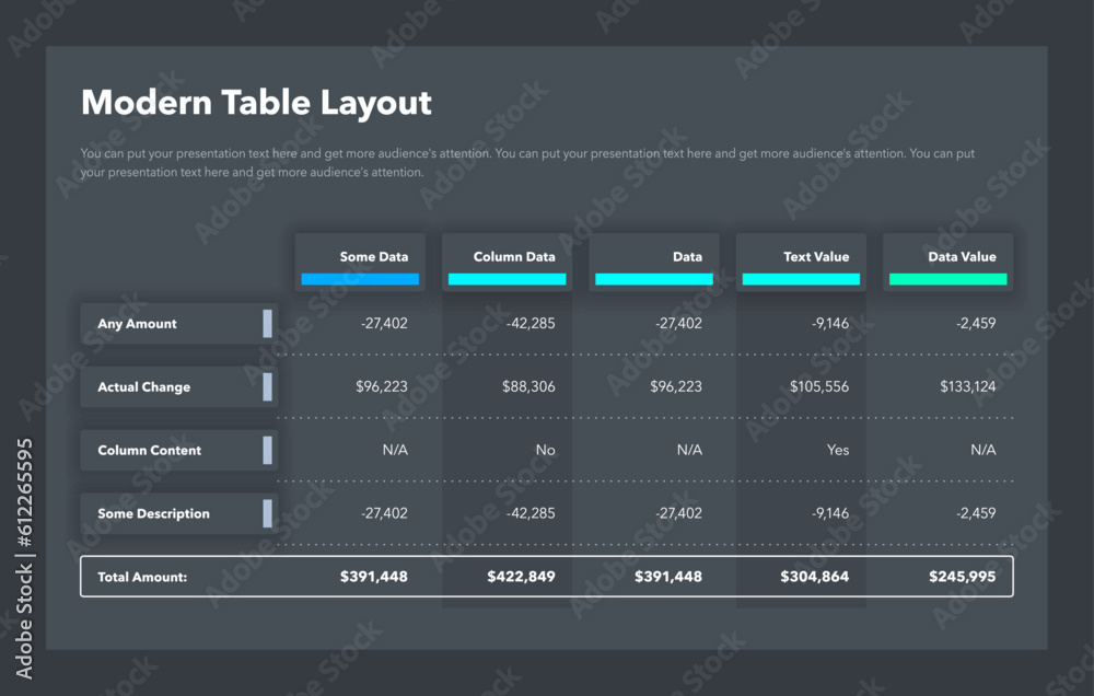 Modern table layout template with a total amount row - dark version. Simple flat template for project data visualization. Modern table layout template with a total amount row - dark version. Simple flat template for project data visualization.