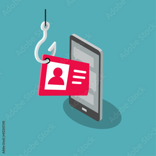 Identity fraud symbol with a fishing hook stealing someone personal information from his smartphone. Flat design, easy to use for your website or presentation.