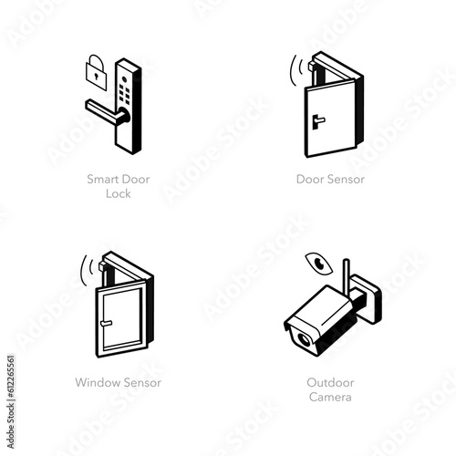 Simple set of home security Icons. Contains such icons as Smart door lock, Door sensor, Window sensor and Outdoor camera.