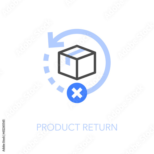 Simple visualised product return icon symbol with a product box and a return process arrow.