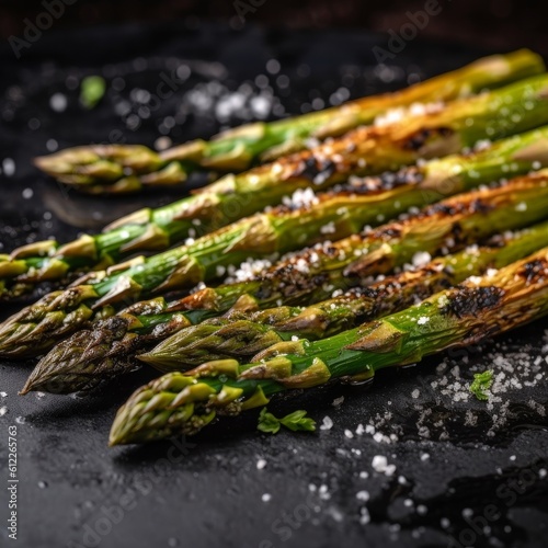 grilled asparagus charred in spots and sprinkled with salt and cracked pepper on a black slate