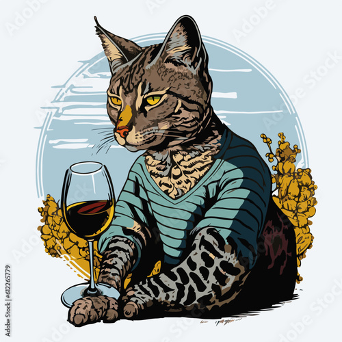 relax Bobcat drinking Chablis Wine, Bobcat character, artistic, print design, for t-shirt and case
