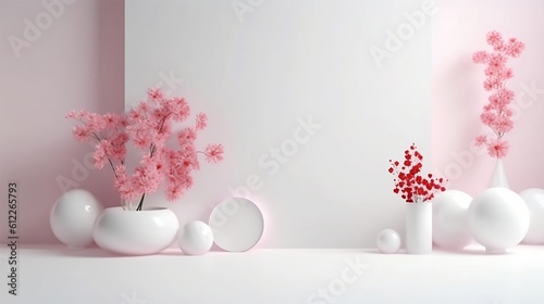 Pink and red flowers in white vases on the floor of a white room. Modern decor of layers and plates near a white wall. Valentine's Day, Mother's Day and Birthday. Created with AI.