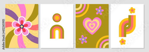 Set of 70s retro groovy posters. Modern geometric shapes, groovy flowers, hippie rainbows, hypnotic swirl. Mid century modern. Poster, flyer, card, banner design template. Background. Nostalgia.
