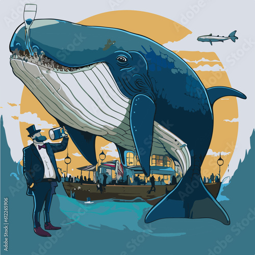 happy Whale eating Crottin de Chavignol, Whale character, artistic, print design, for t-shirt and case
