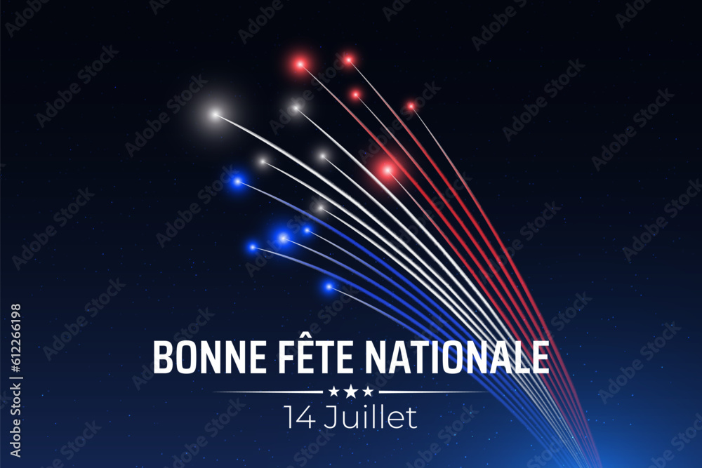 Banner 14 july bastille day in france, template with french colorful fireworks on dark sky background. French national holiday. Fireworks france flag. Vector. Translation: Happy National Day July 14 - obrazy, fototapety, plakaty 