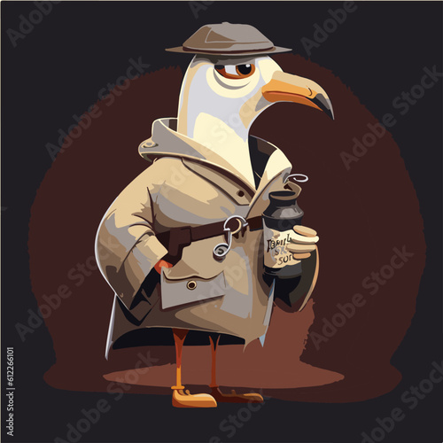 happy Seagull drinking Pastis, Seagull character, artistic, print design, for t-shirt and case

