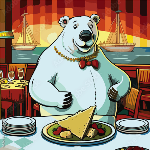happy Polar Bear eating Steak frites, Polar Bear character, artistic, print design, for t-shirt and case
