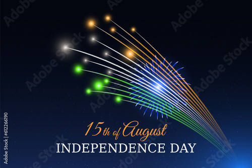 15th of august, india independence day, Indian colorful fireworks flag on blue night sky background. India national holiday august 15. Independence day greeting card. Vector illustration, template
