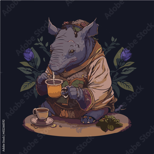 grumpy Rhinoceros drinking Artichoke tea, Rhinoceros character, artistic, print design, for t-shirt and case
