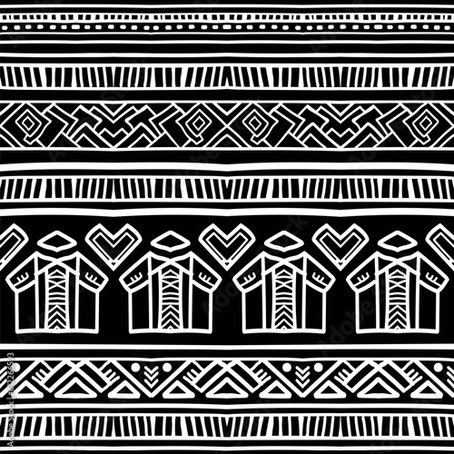 ethnic native design seamless pattern, traditional ornament, handdrawn vector illustration, black and white background