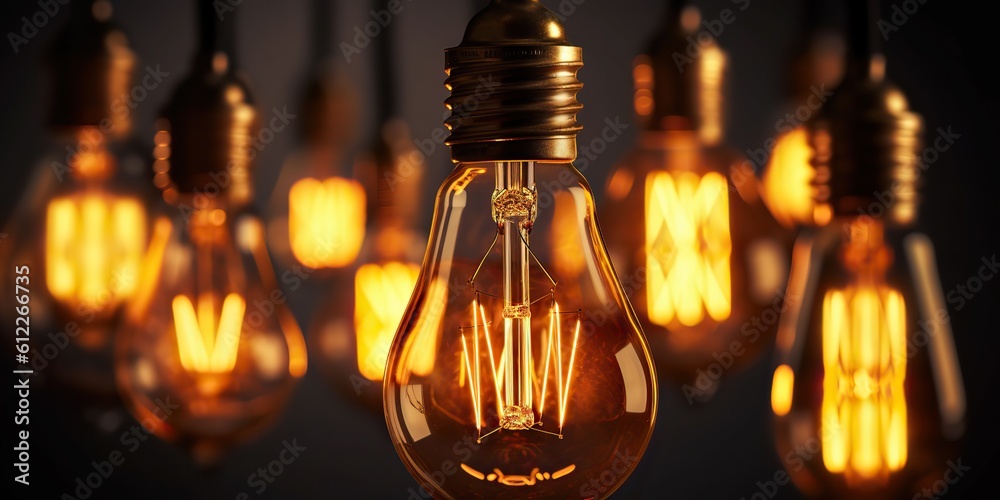 AI Generated. AI Generative. Hanging light bulbs on dark background. Cozy decoration indoor cafe or christmas party vibe. Graphic Art