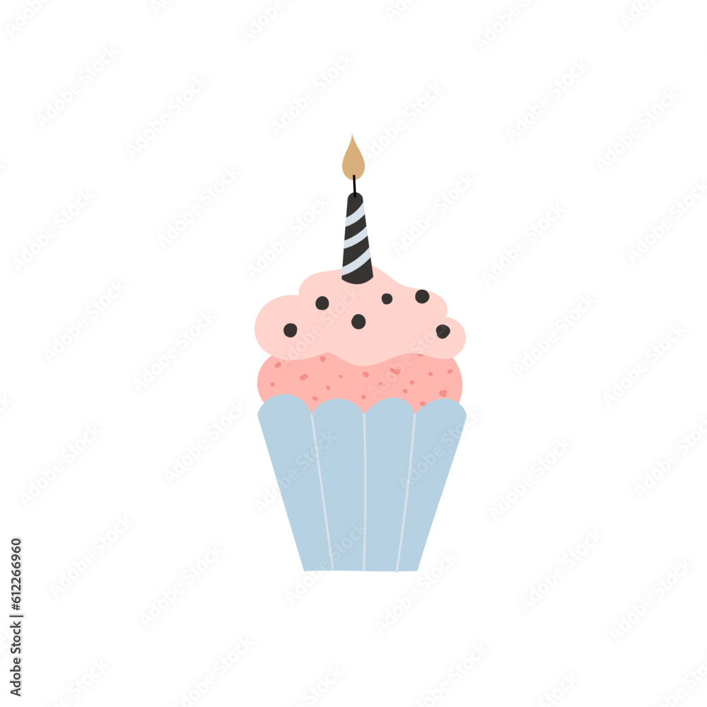 Festive cupcake with candle. Birtday, wedding or anniversary. Elegant vector illustration in trendy minimalist style