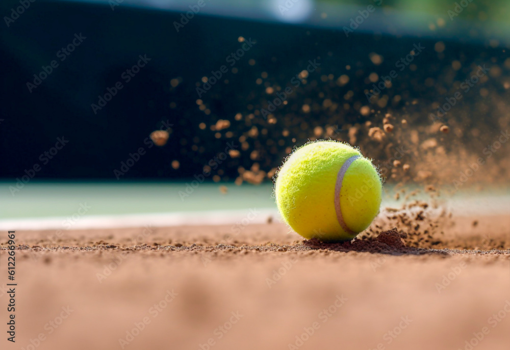 Tennis ball hits the red clay ground kicking up the dust - ai generative
