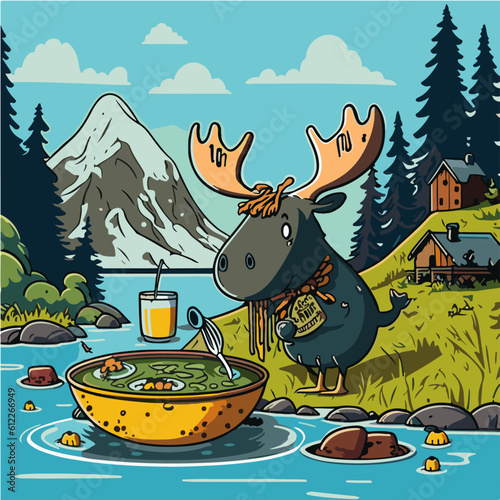 surprise Moose eating Sup Mang Cua (Crab and Asparagus Soup), Moose character, artistic, print design, for t-shirt and case
