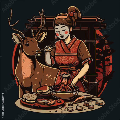 surprise deer eating Nem Nuong (Grilled Pork Sausage), deer character, artistic, print design, for t-shirt and case
