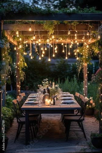 A beautifully set dining table outdoors under a pergola  adorned with fairy lights  for a summer garden party  signifying outdoor entertainment and stylish home decor