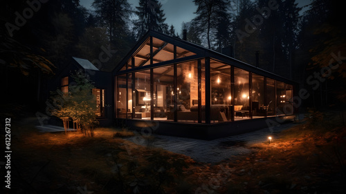 Modern luxury villa exterior in minimal style for luxury glamping. Glass cottage in the woods at night. Modern cabin house in deep forest © StockSavant