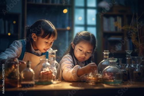 Asian girls passionately discussing science experiments in a classroom, girls, education, Asian, bokeh Generative AI