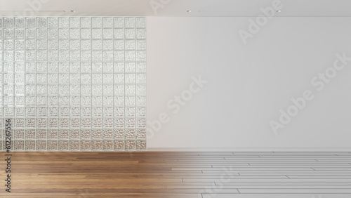 Architect interior designer concept: hand-drawn draft unfinished project that becomes real, empty room, open space with parquet, glass brick wall, mockup with copy space