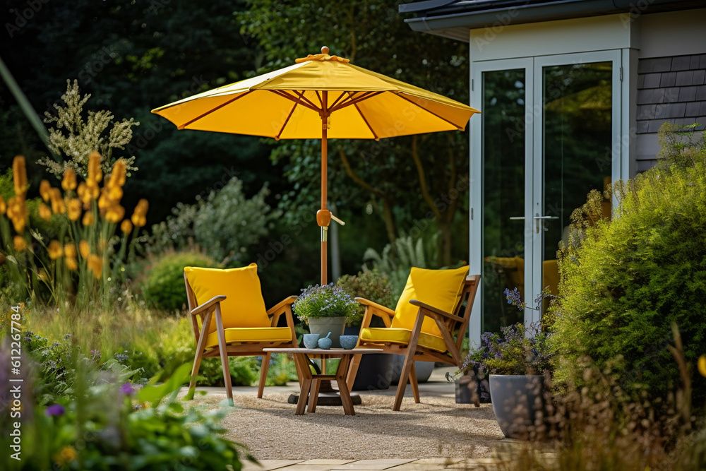Garden Terrace with Parasol and Chairs