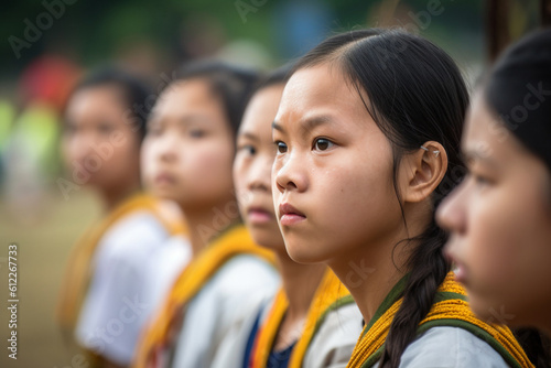 Asian girls participating in a sports program at their school, girls, education, Asian, bokeh Generative AI