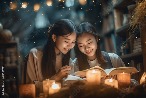 Asian girls discussing literature in a book club  girls  education  Asian  bokeh Generative AI