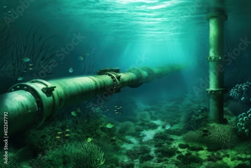 Green pipeline under sea. Generate Ai
