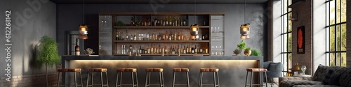 illustration, pub style loft with gray walls and concrete floor, website header, ai generative