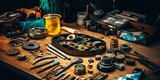 AI Generated. AI Generative. Car garage mechanic carpentry auto reapair tools equipment background. Graphic Art