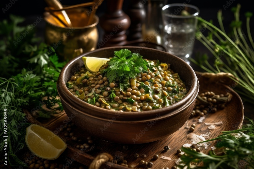 bowl of cooked green lentils garnished with fresh herbs and spices bowl of cooked green lentils garnished with fresh herbs and spices