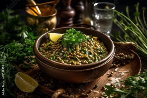 bowl of cooked green lentils garnished with fresh herbs and spices