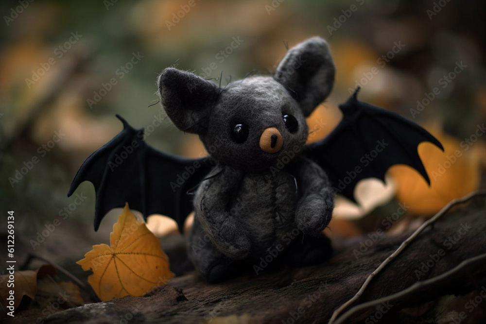Fototapeta premium Cute Halloween bat soft toy, Generative AI